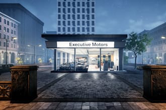 create 3d modern car showroom,shopfront exterior,washroom interior,retail render