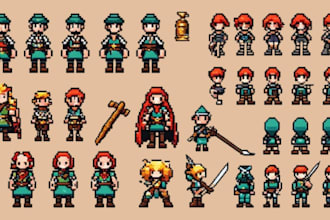 design pixel art characters, sprite sheets, 8bit,animated game assets ,avatars