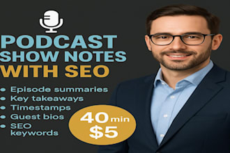 write SEO rich podcast show notes with timestamps and ctas