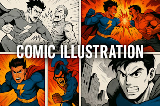 illustrate graphics novel page superhero cartoon character design comic book