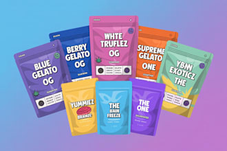 design unique mylar bag, cannabis pouch, label, and box packaging design