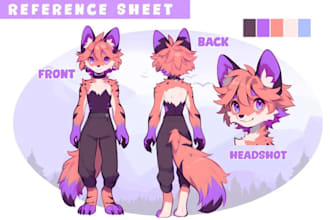 draw custom furry, fursona, anime vtuber, reference sheet, character design