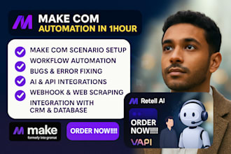 setup make com automation, fix made com airor, integromat, make scenario, openai