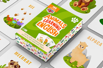 design educational kids memory flash card playing card animal game box mockup