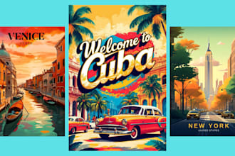 design best retro vintage travel poster, vintage poster illustration, art deco