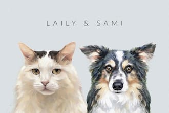 custom pet portrait, two pet portrait, watercolor portrait