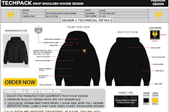 design attractive 2d custom clothing techpacks and mockups