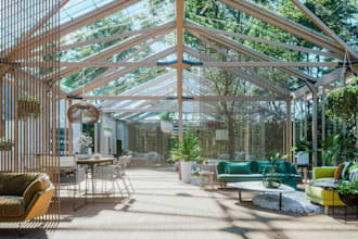 villa interior,exterior glass beam,boho architecture,wood,iron sheet construct