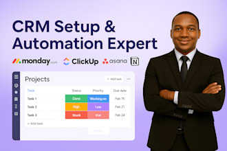 setup monday CRM, clickup workflow, asana dashboards, notion expert support