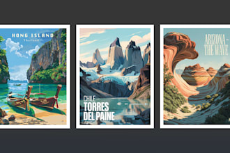 design retro, vintage or art deco travel posters and landscapes