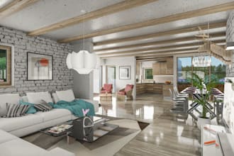 3d realistic interior, bedroom, sitting room, rustic meeting modern, hill house