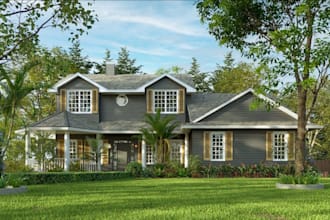 remodel 3d house facade, exterior elevation design, landscape garden environment