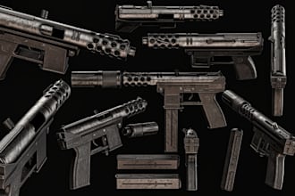 create a realistic 3d gun, asset, uv unwrap for video games