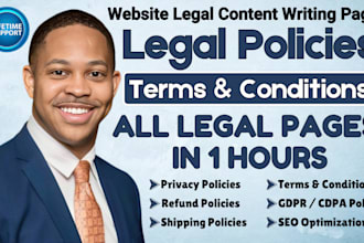 write gdpr privacy policy, terms of services, about us refund policy for website