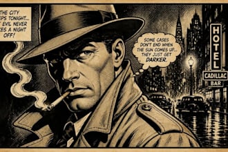 draw your portrait and character in vintage noir comic book style illustration