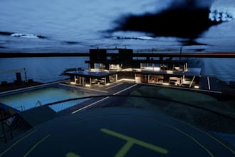 build 3d private island house, tropical villa, terrace patio, facade exterior