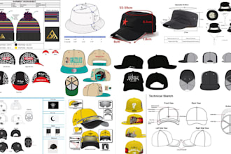 design a premium hat and cap tech pack, beanie, flat sketch with 3d mockup