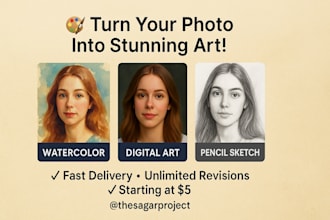 create a stunning hand drawn portrait in pencil, watercolor, or digital style