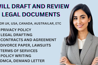 draft and review legal contracts, agreements, lawsuits motions policies, divorce