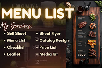 design food menu, restaurant menu, digital menu board, price list, sell sheet