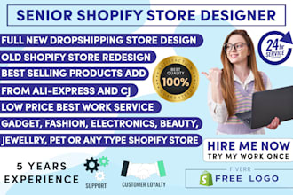 create shopify store design redesign and upload products dropshipping website