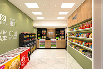 redesign 3d retail shop interior, supermarket, grocery storefront, cgi rendering