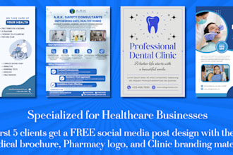 design medical brochure, pharmacy logo, and clinic branding material