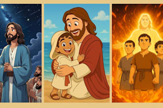 illustrate bible themed kids book, children book illustration, kids story book