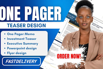 design one pager teaser, executive summary, investment teaser and pitch deck