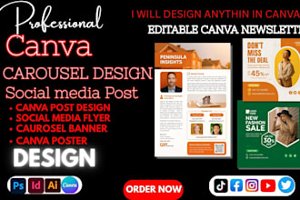 design editable canva newsletter, brochure carousel, ebook menu planner, layout