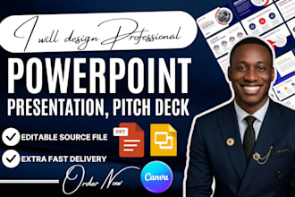 design, redesign powerpoint presentation, pitch deck, google slides, and canva