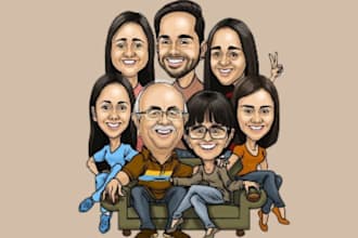 draw portrait caricature wedding family caricature, avatar vector art from photo