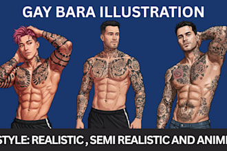 draw gay bara, yaoi, anime fanart, bold tattoo art, bara illustration, nsfw art