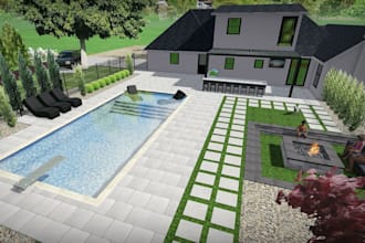 do landscape design, backyard, garden, front yard with 3d realistic rendering