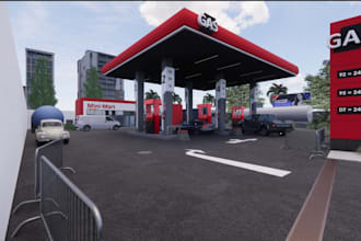 renovate 3d gas station,mini store design,packing lot render,cgi petrol station