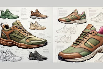 design high quality shoe tech packs, mockups, sketch footwear for  manufacturing