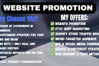 do website promotion, etsy, shopify ecommerce marketing to boost website traffic