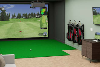 redesign 3d golf simulator, realistic golf room interior, golf course skp render