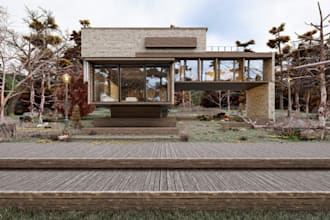craft 3d minimalist villa,facade,village house, living room,golf house rendering