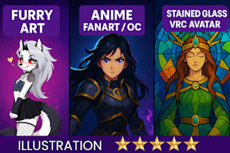 draw furry anime digital art, oc fanart, stained glass vrc avatar design for you