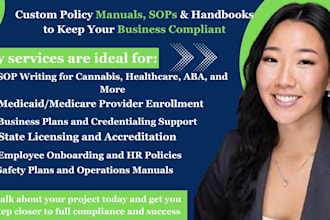 write, edit, custom policy, design procedure manuals, sops, employee handbooks