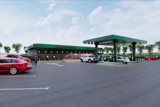 craft filling station,fuel and charging station design,market,shop mall render