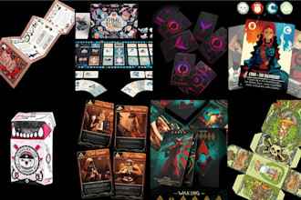 do board game, card game box design, card game illustration, rule book layout
