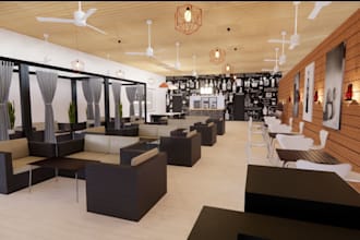 remodel 3d sport bar,3d golf interior sauna ,beauth hair salon render,cgi bakery