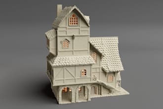 create 3d medieval terrain, tudor house,fantasy building stl,trpg, diorama,ruins