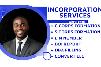 incorporate us c corp, s corp, with ein, boi, bylaws, dba, llc conversion