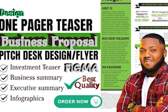 design a one pager, investment teaser, executive summary, business flyer, report