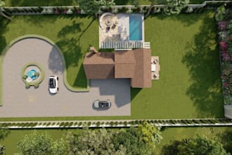 redesign 3d exterior scene, render house on grass, house garden, pool patio, cgi
