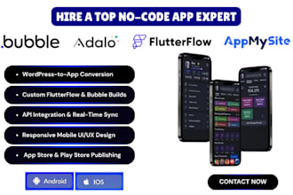 no code app mobile web app expert flutterflow bubble, adalo, appmysite mvps saas