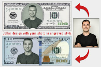 design a custom dollar bill portrait with your photo in engraved style